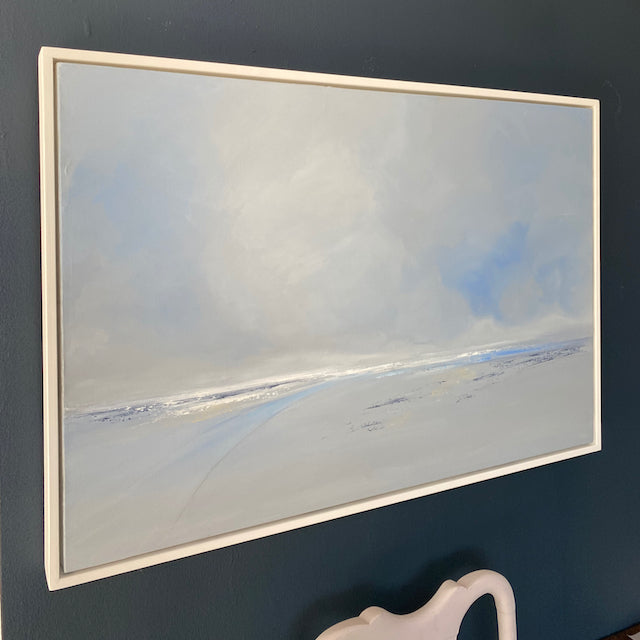 oil painting in pale blues of beach  by Cornwall artist Nicola Mosley 