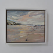 framed oil painting by Cornwall artist Jill Hudson of a sandy beach looking towards Rame Head, Cornwall 