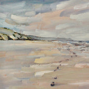 detail of a oil painting by Cornwall artist Jill Hudson of a sandy beach looking towards Rame Head in South east Cornwall.