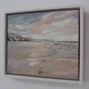 a framed oil painting by Cornwall artist Jill Hudson of a sandy beach looking towards Rame Head in South Cornwall.