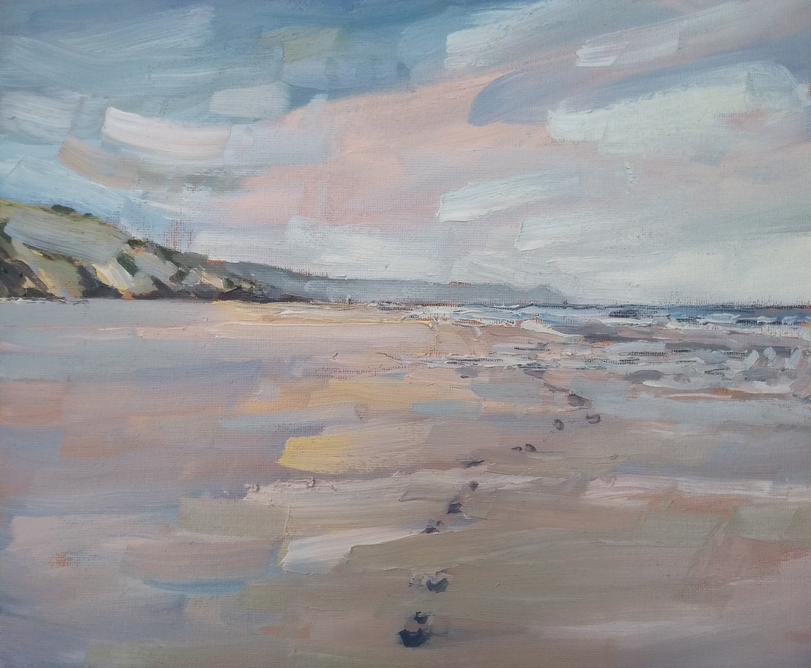oil painting by Cornwall artist Jill Hudson of a sandy beach looking towards Rame Head in South east Cornwall  