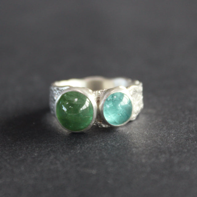 Blue and green tourmaline wide band textured silver ring by Carin Lindberg