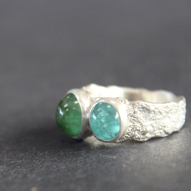 Blue and green tourmaline wide band textured silver ring by Carin Lindberg