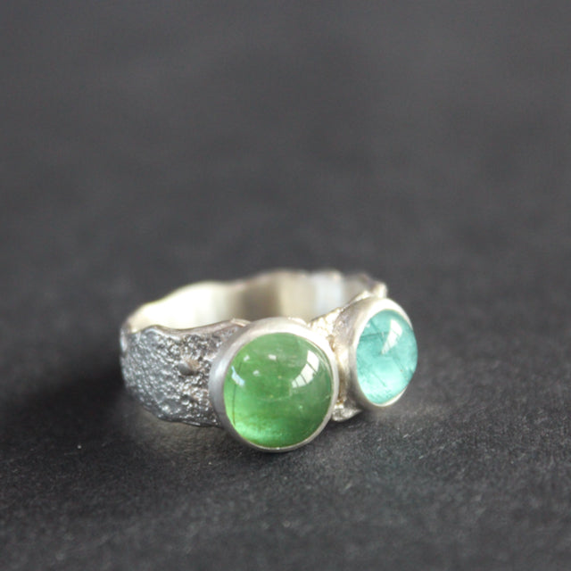 Blue and green tourmaline wide band textured silver ring by Carin Lindberg