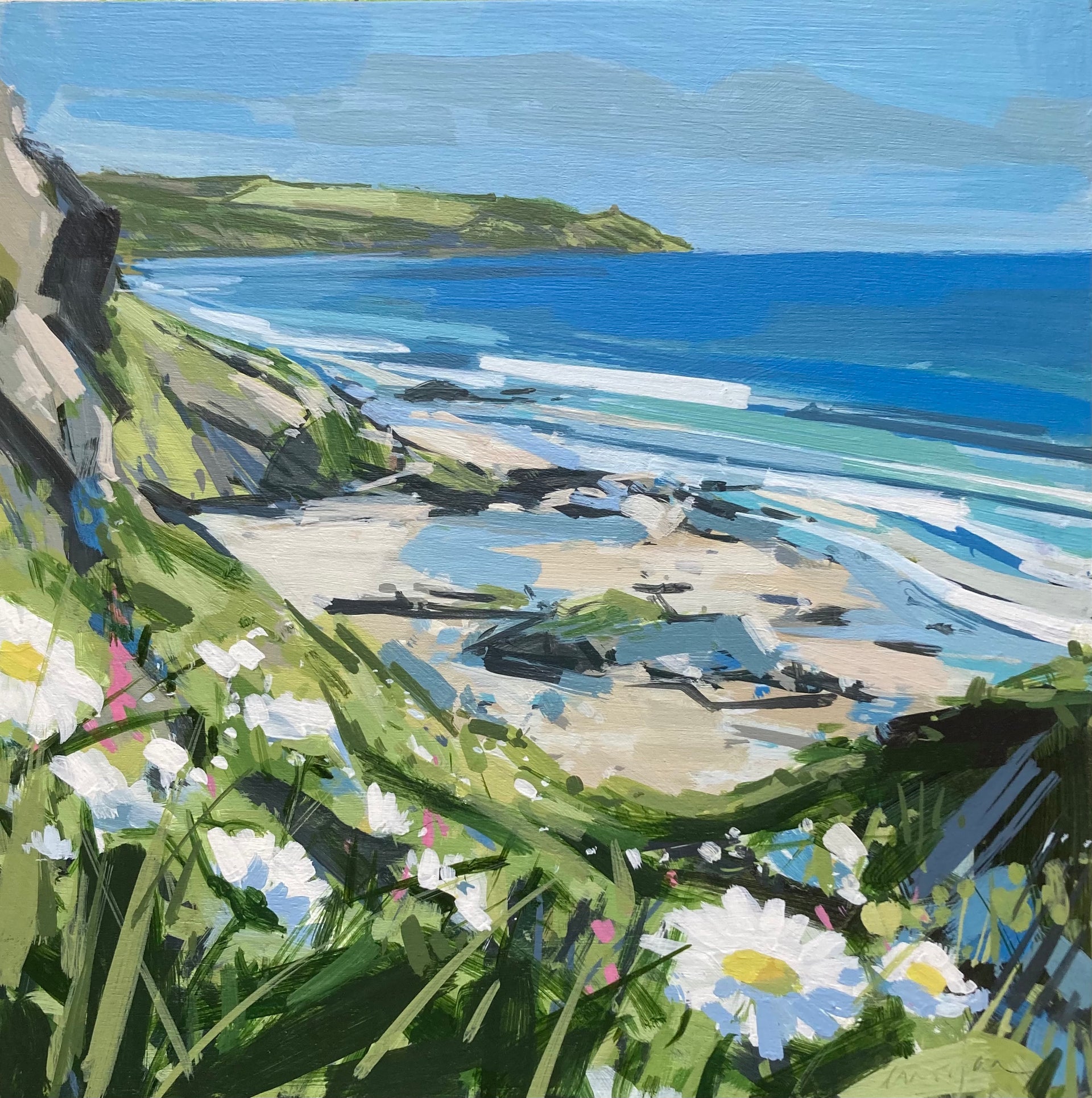 Imogen Bone painting of the coast path with daisies in the foreground