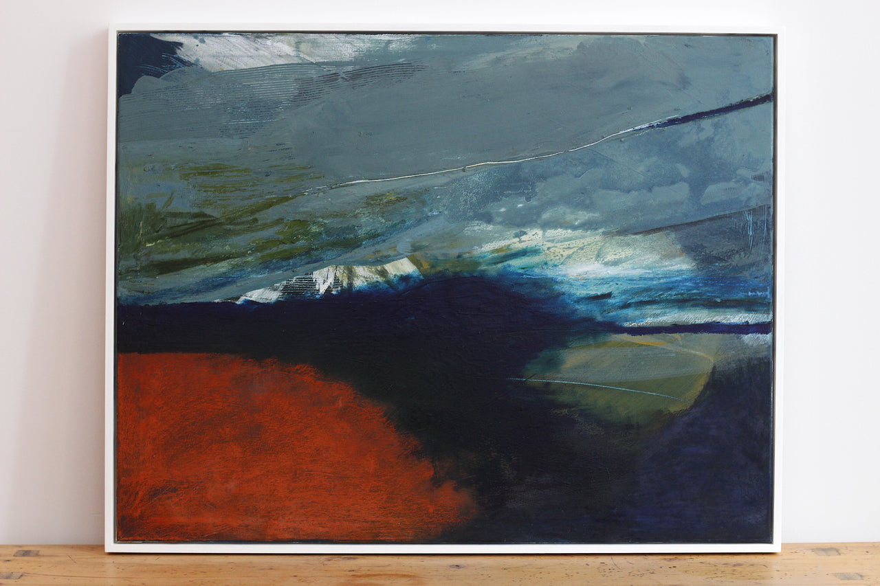 Coastal bright orange, blue and yellow textural painting by Devon based artist Alice Robinson-Carter