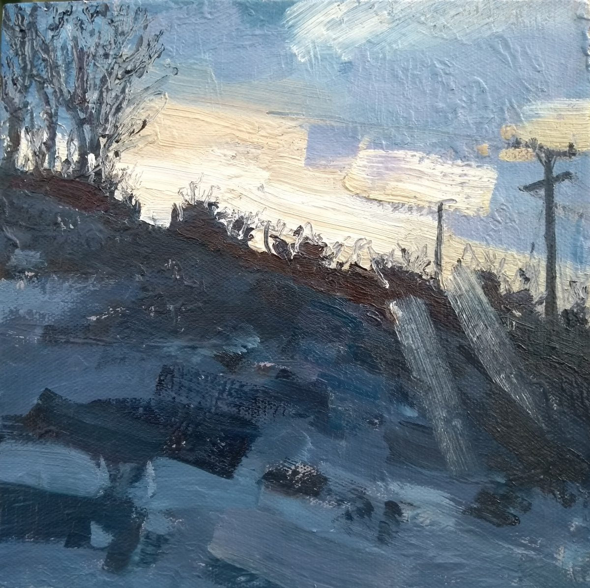 Oil painting showing a view of a field in blue tones