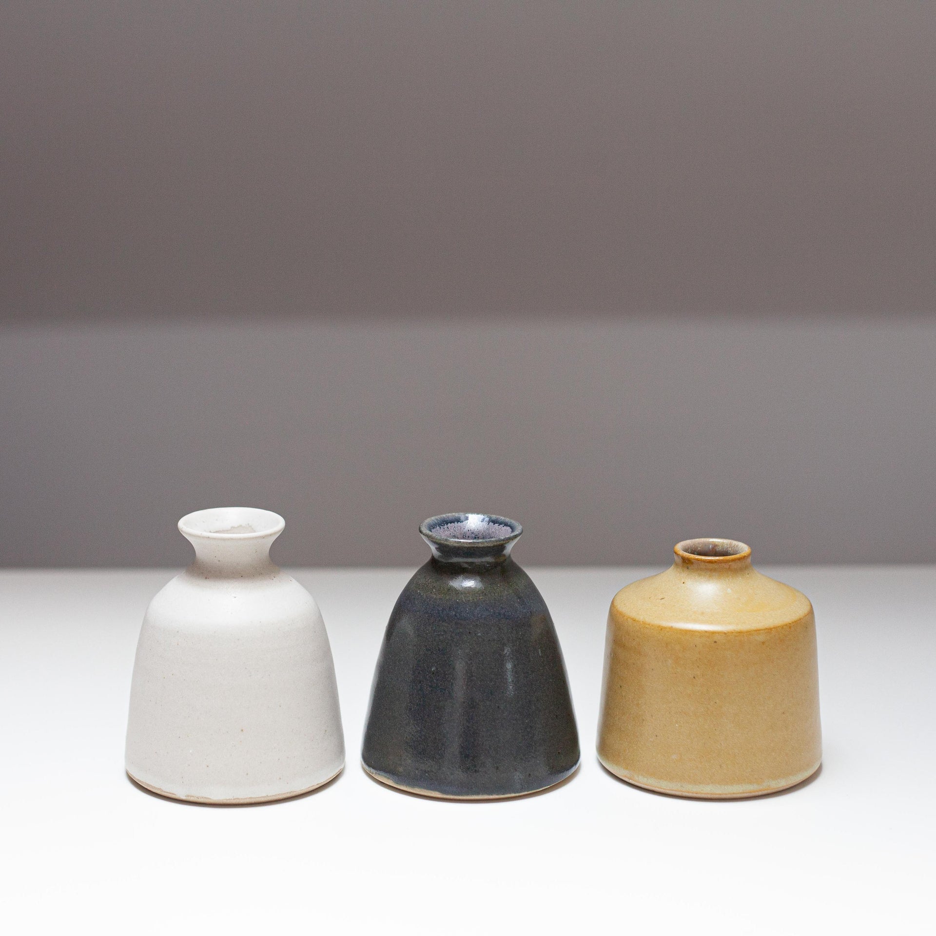EOT Ceramics bud vase collection in chalk, slate and pollen yellow