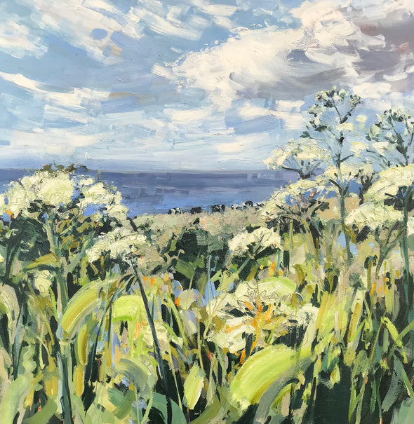 painting of cow parley in a field by the sea by Cornwall artist Jill Hudson