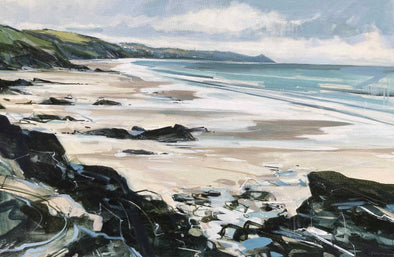 Imogen Bone painting of the shore with rocks in the foreground, sand and sea in the background