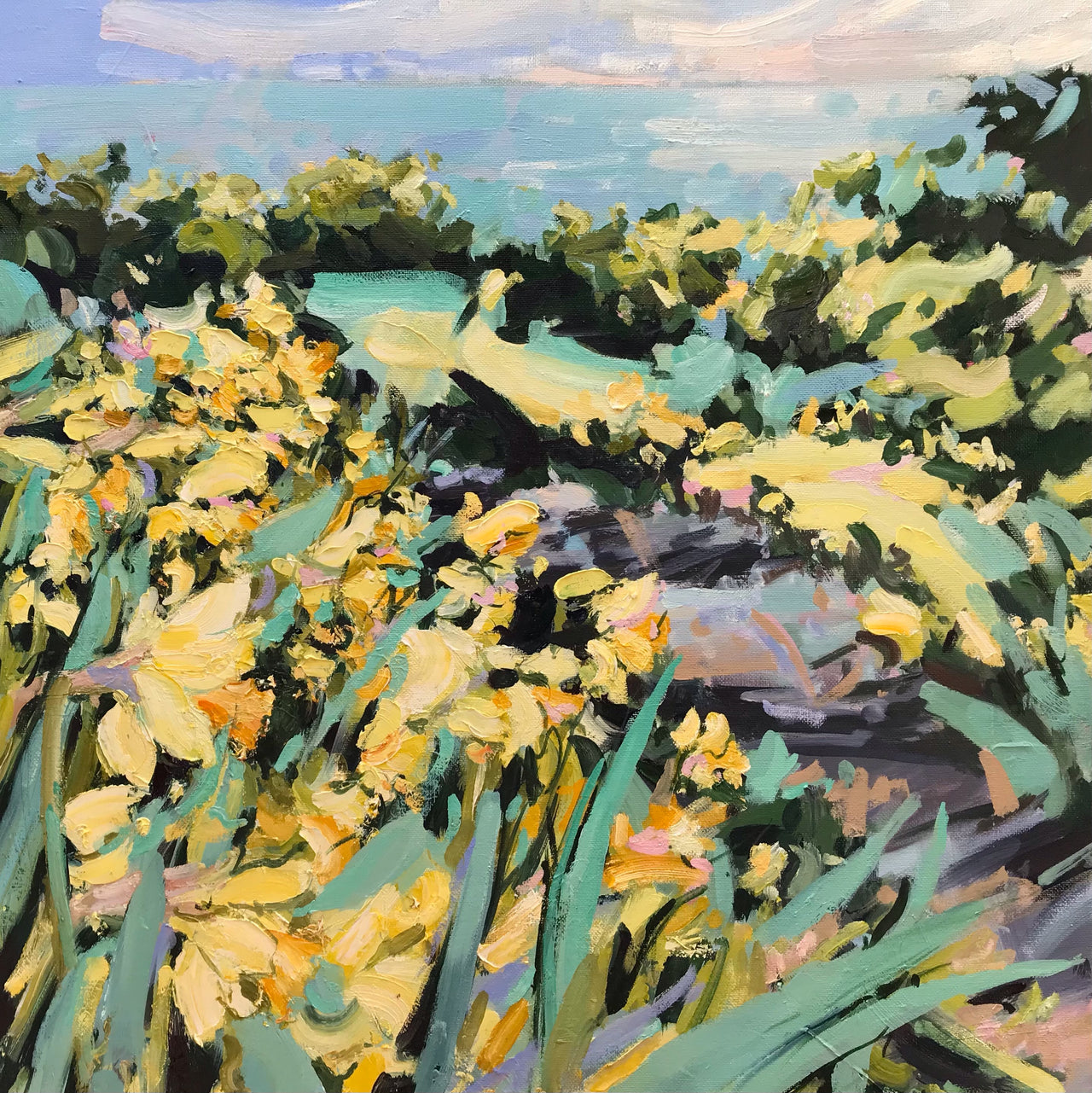Jill Hudson oil painting of a field of daffodils near the sea