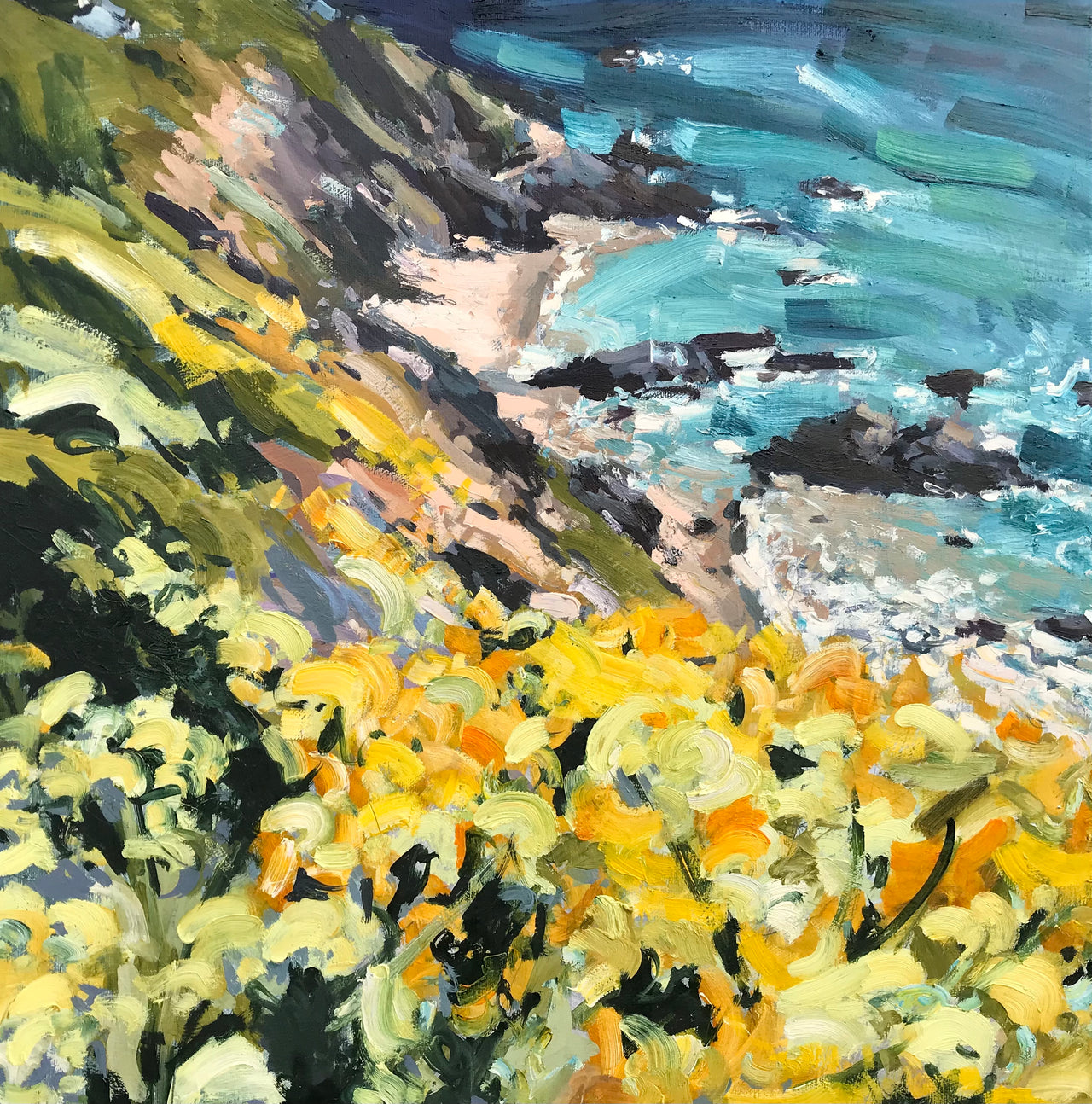 Jill Hudson painting in vibrant colours of footpath down the beach and sea