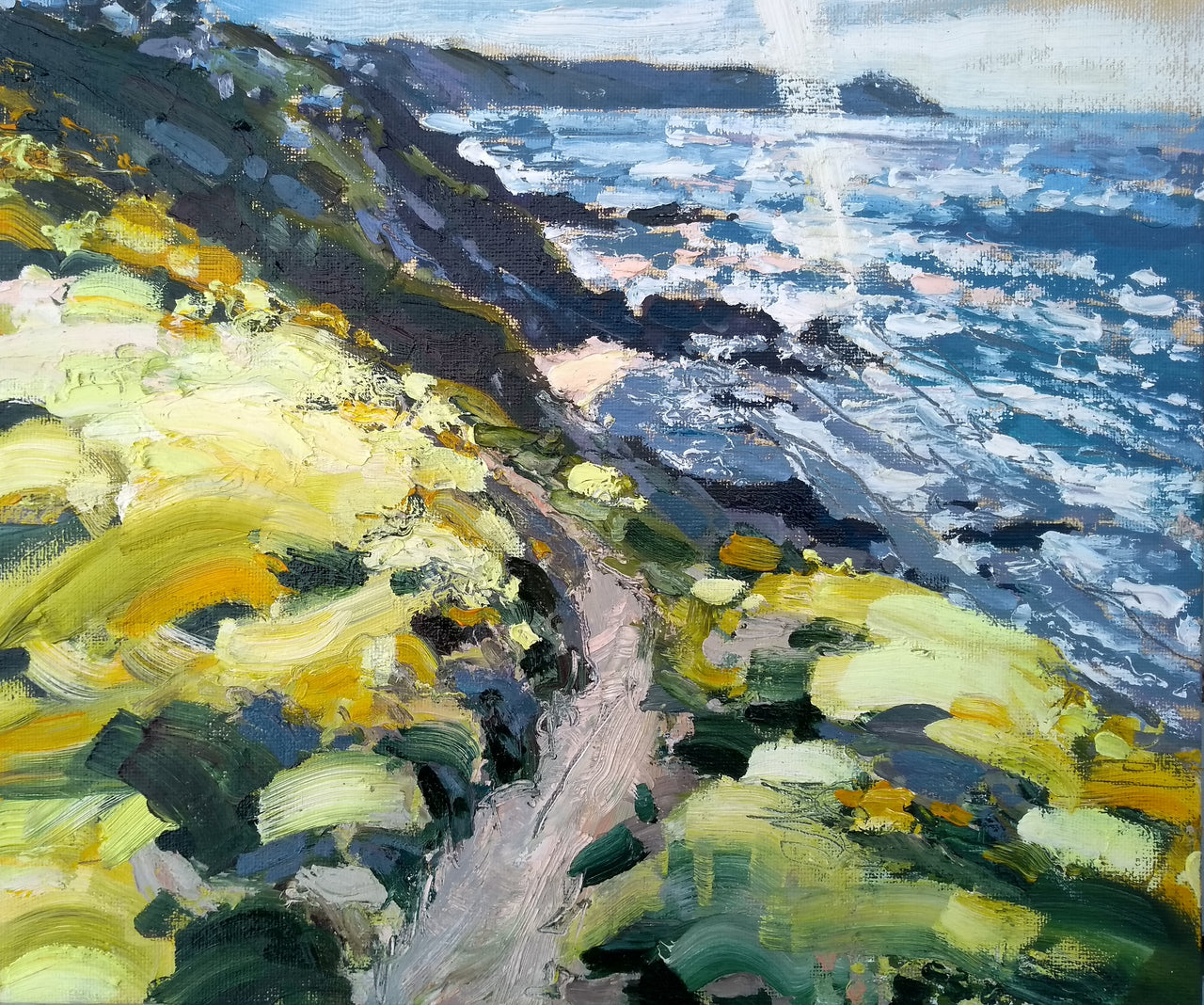 Jill Hudson oil painting of a bright Spring day with the coastpath in the background and hedgerow in greens and yellows in the foreground