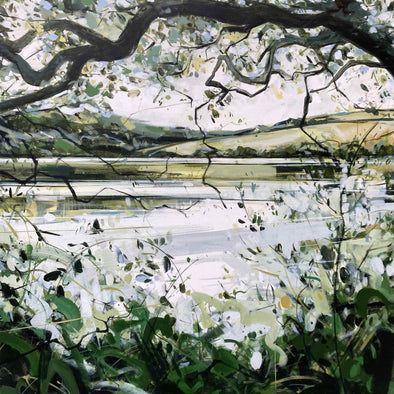 Imogen Bone painting of a flowing river from the riverbank, framed with tree branches and grass