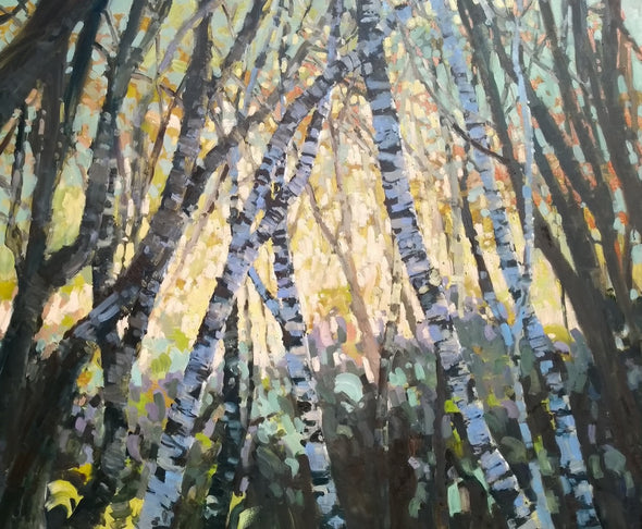 Jill Hudson painting of birch trees from the viewpoint of the forest floor