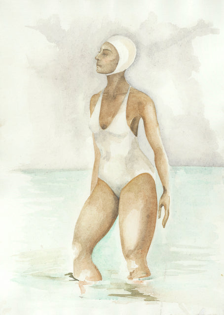 a print of a painting by Cornwall artist Fiona Chivers showing a female swimmer in white swimsuit and cap standing up to her knees in the sea