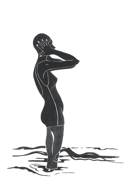 a black and white print of a painting by Fiona Chivers called Silhouette  it shows a female swimmer standing in the water 