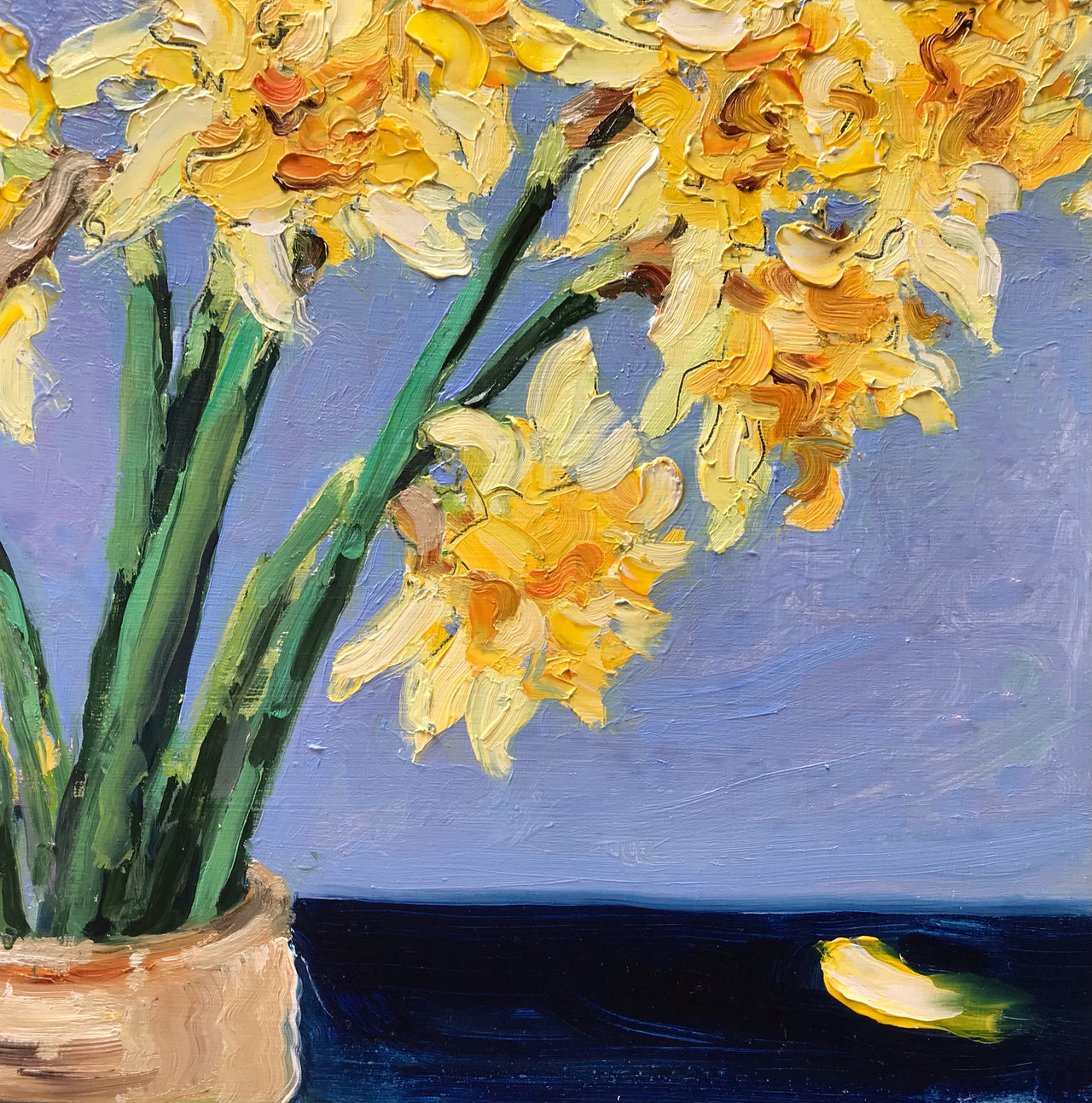 Jill Hudson square oil painting of daffodils in a pot against a blue background 