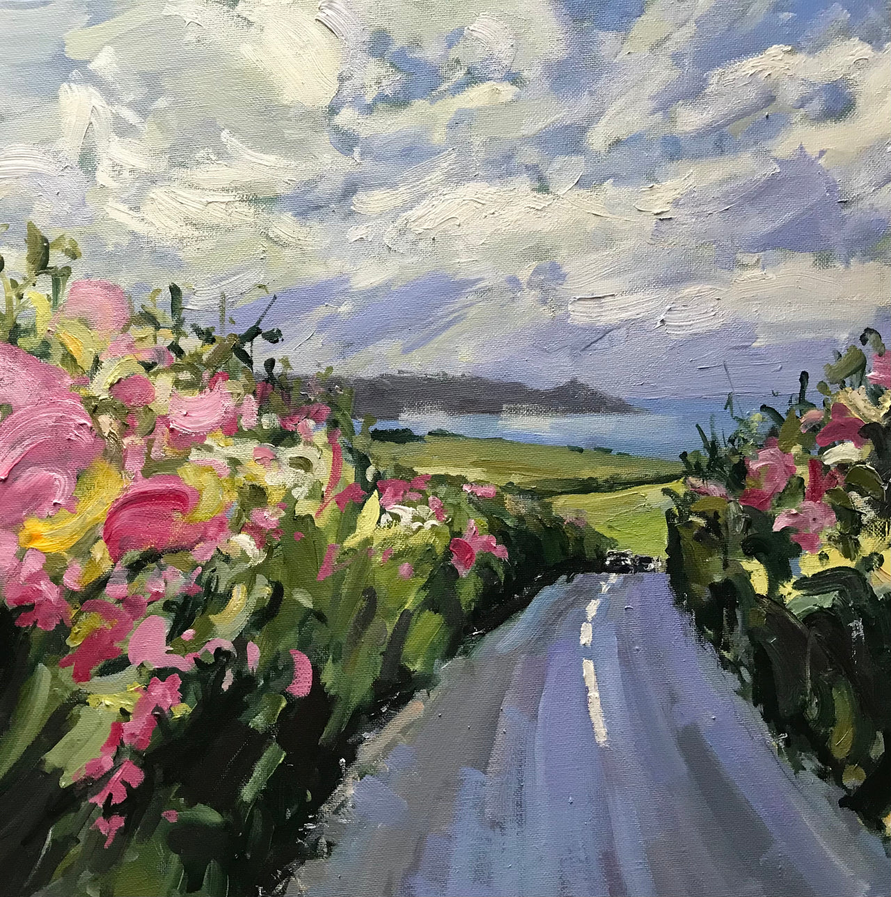 painting by Cornwall artist Jill Hudson of a colourful hedgerow and the view towards Rame Head in south Cornwall