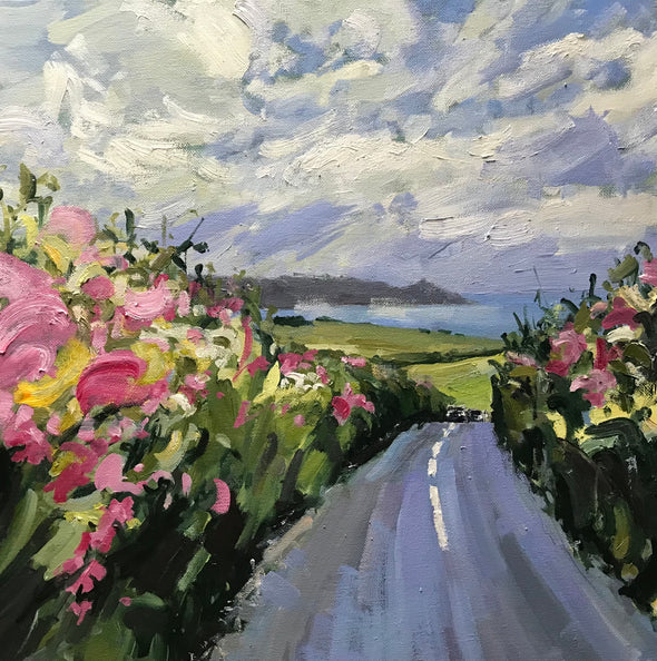 painting by Cornwall artist Jill Hudson of a colourful hedgerow and the view towards Rame Head in south Cornwall 