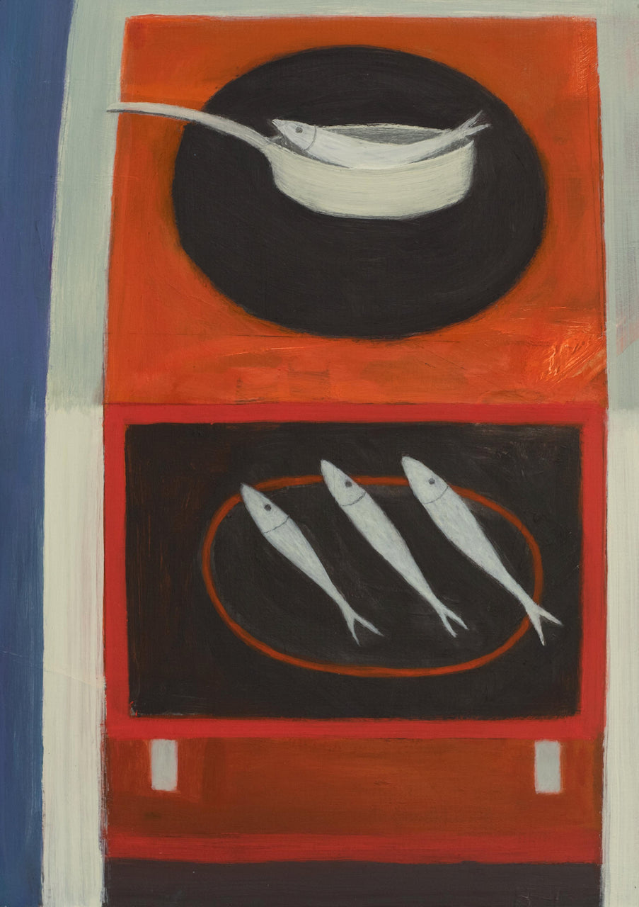 semi abstract oil painting by Heath Hearn of an old fashioned orange stove with a fish inside a frying pan on top of it