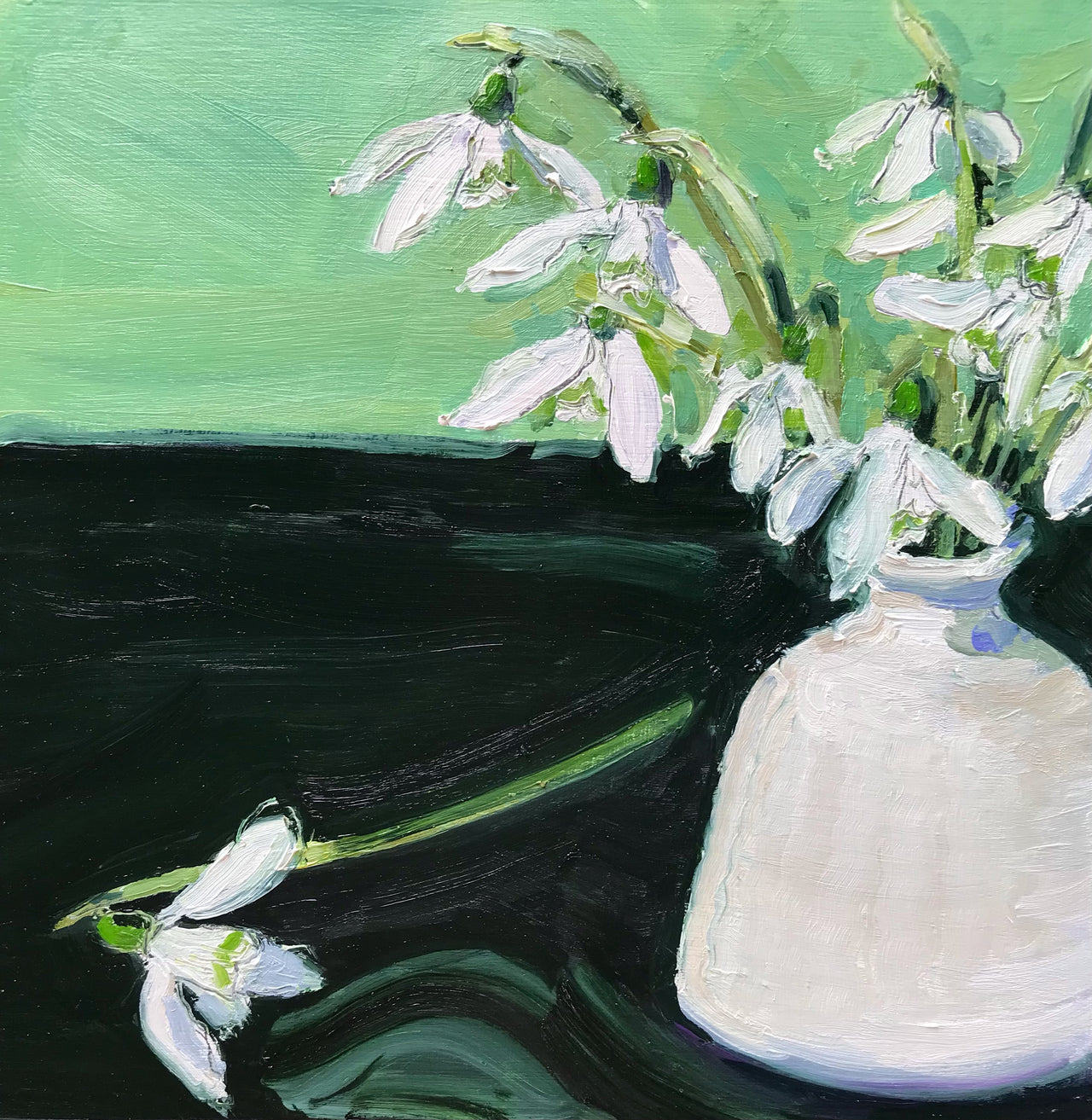 Jill Hudson oil painting of snowdrops in a small white vase against a green background
