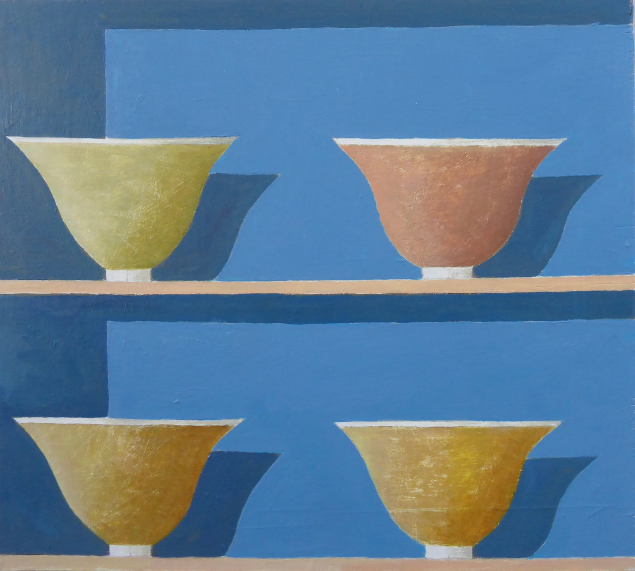 painting of four bowls in yellows and reds on two shelves against a blue wall  it is by Cornish artist Philip Lyons