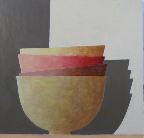 painting of four bowls in yellows and reds stacked inside each other it is by Cornish artist Philip Lyons