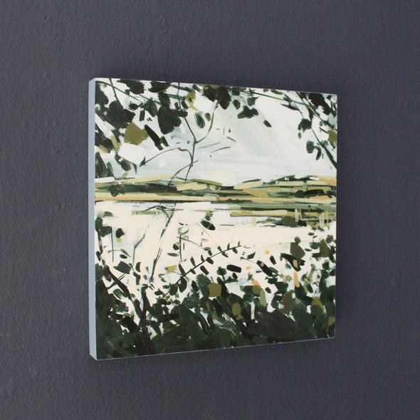 Imogen Bone painting in greens and pale blues of the banks of the river Lyhner in  Cornwall 