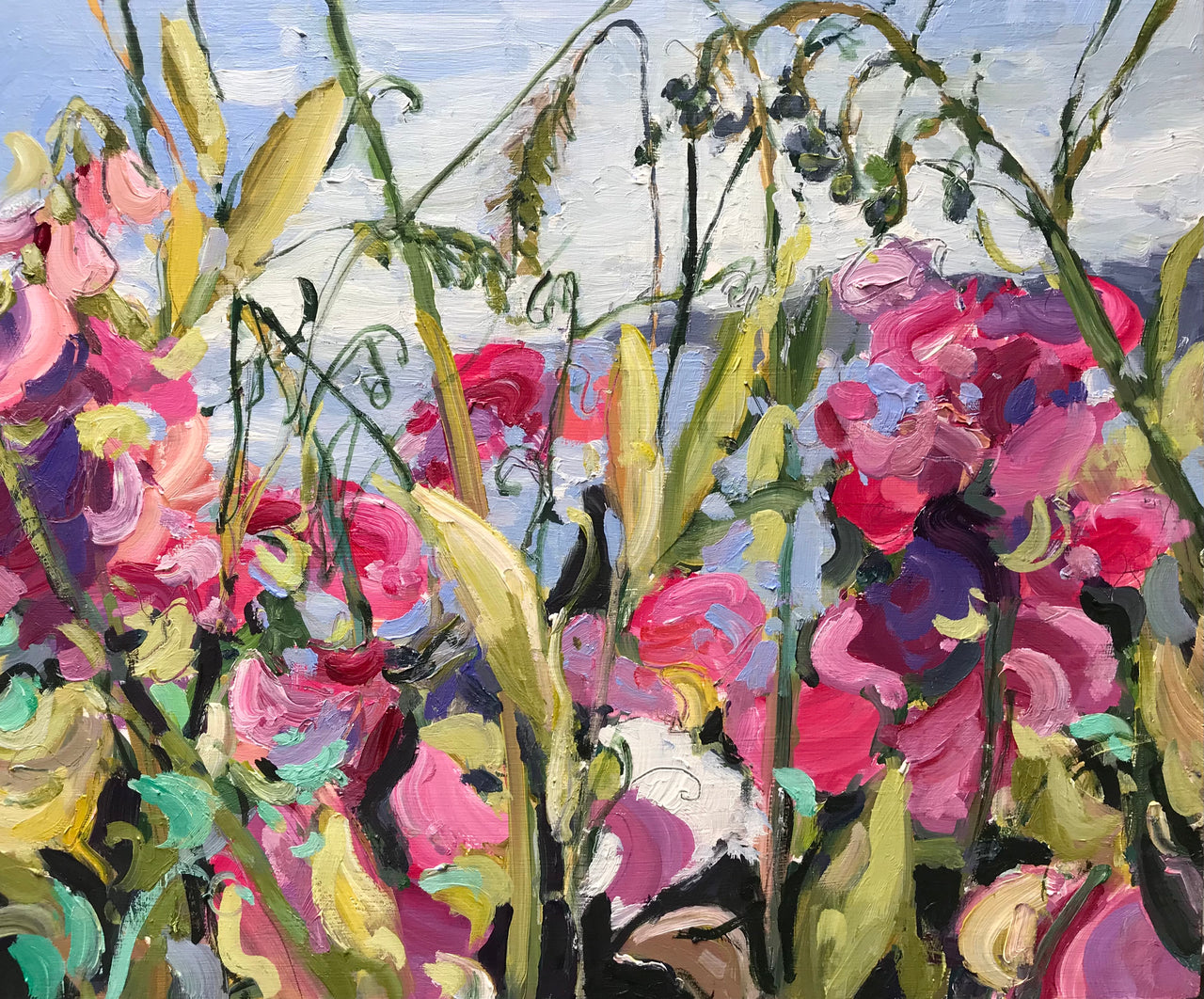 Jill Hudson oil painting of  pink flowers and grasses with a glimpse of the sea and coastline visible
