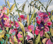 Jill Hudson oil painting of  pink flowers and grasses with a glimpse of the sea and coastline visible 