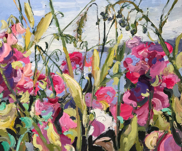 Jill Hudson oil painting of  pink flowers and grasses with a glimpse of the sea and coastline visible 