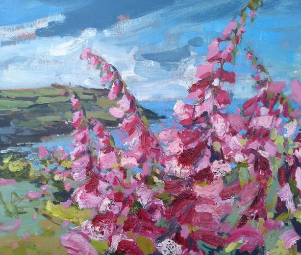 oil painting of pink foxgloves with a view of Rame Head headland in the background by Cornwall artist Jill Hudson.