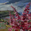 detail of an oil painting of pink foxgloves with a view of Rame Head headland in the background by Cornwall artist Jill Hudson.