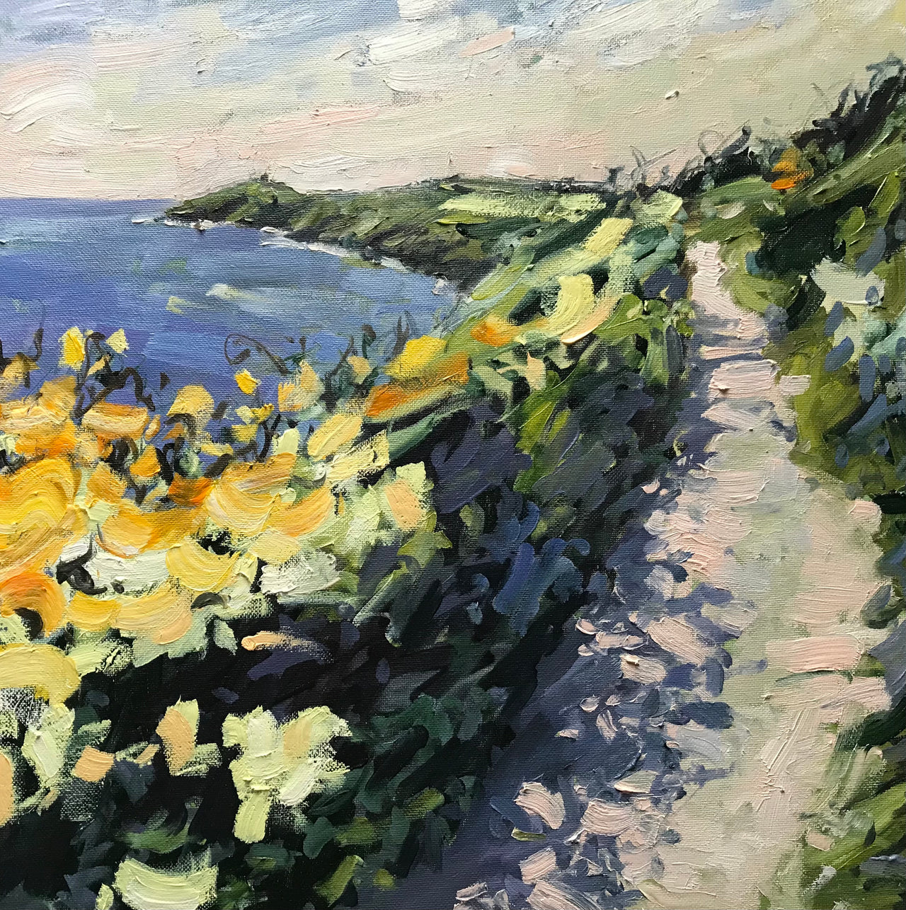 painting by artist Jill Hudson of the coast path and looking towards Rame Head in south east Cornwall