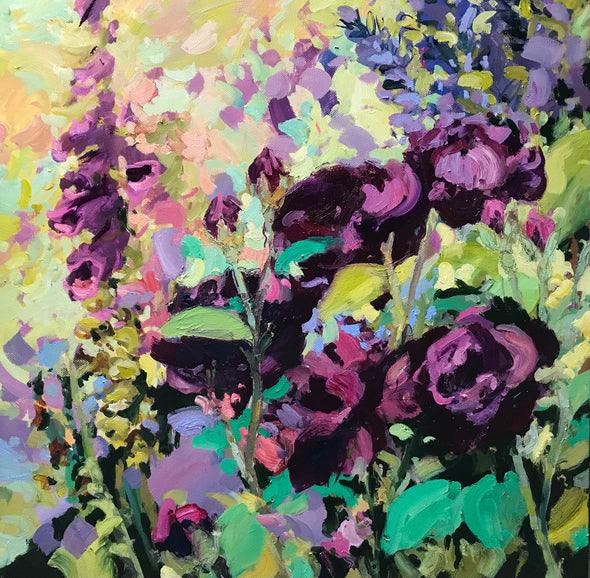 a Jill Hudson painting of pink and purple flowers in a garden