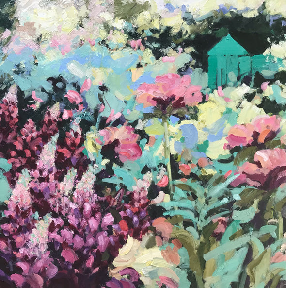 Jill Hudson oil painting of pink, cream  and purple flowers in a garden with a green shed in the background 