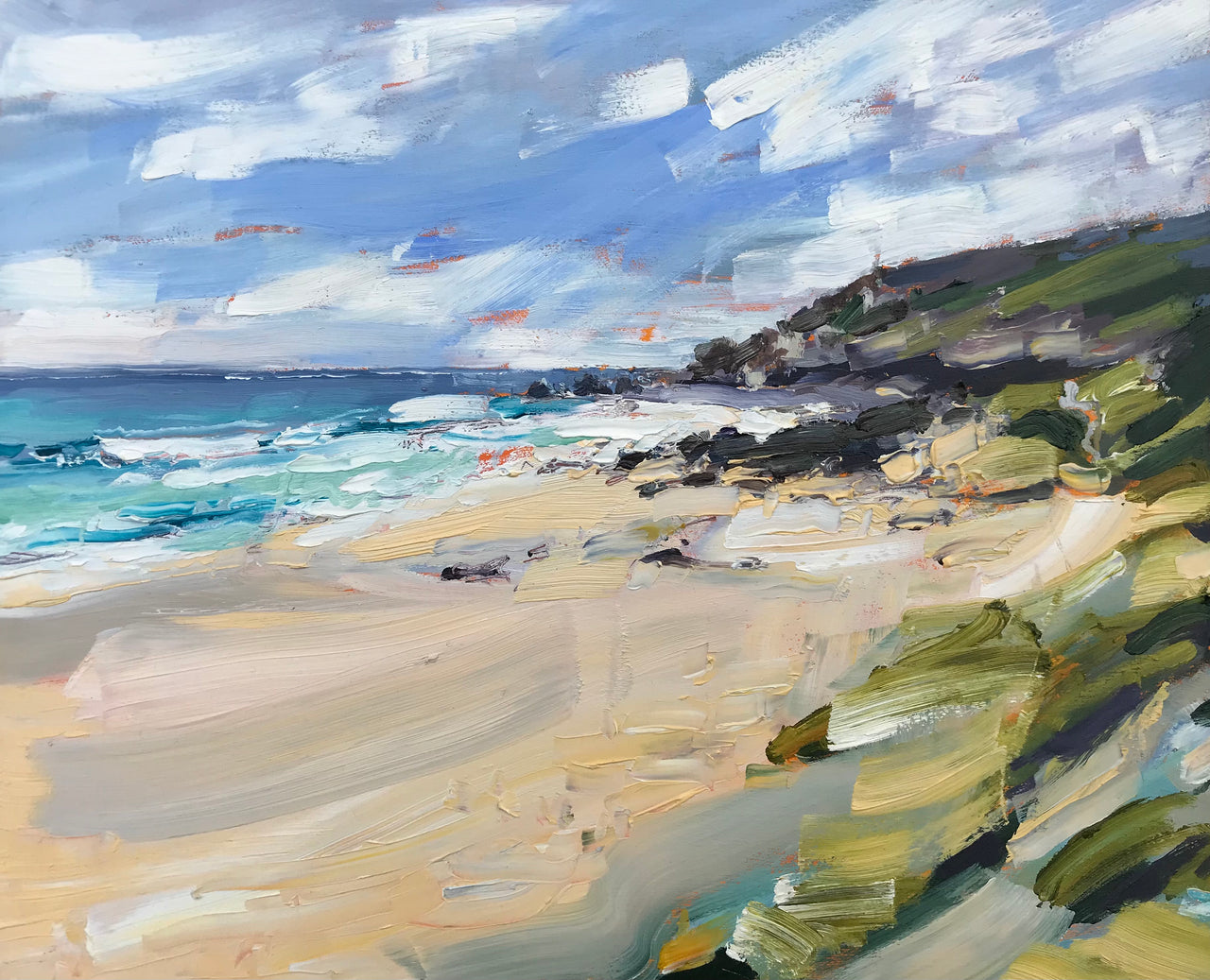 painting of a Cornish beach with pale sand and dark cliffs by Cornwall artist Jill Hudson