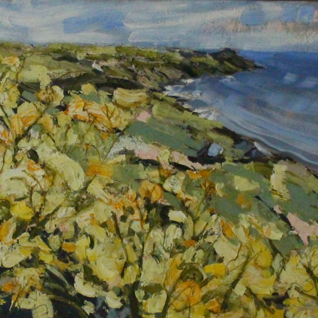 part of a Jill Hudson painting of Rame Head with yellow flowers.