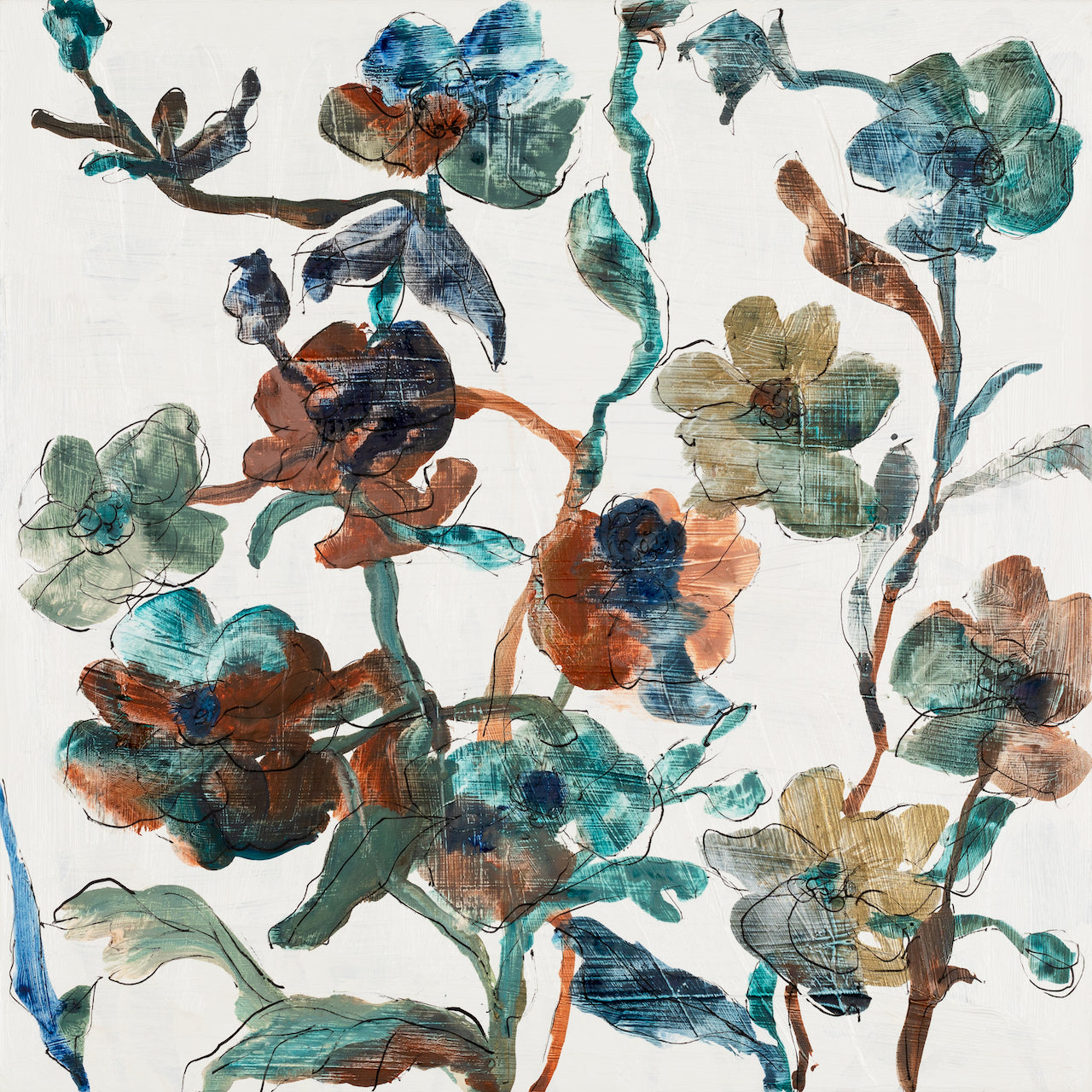 Lucy Innes Williams painting of blue, green and rust coloured flowers it is called Hash Browns 