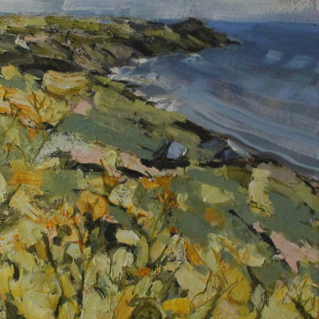 detail of Jill Hudson painting of Rame Head with yellow flowers in the foreground 