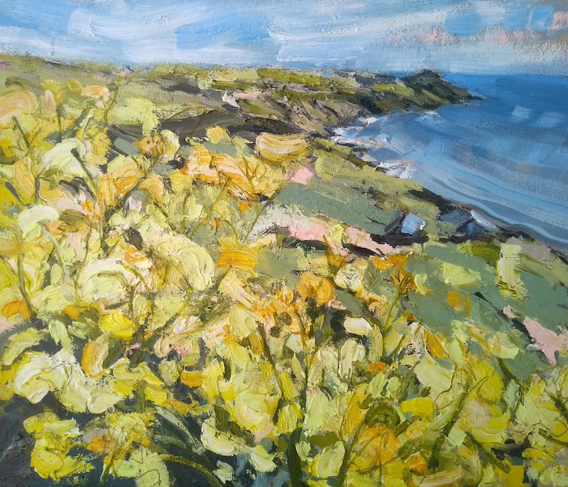 Jill Hudson painting of Rame Head with yellow flowers in the foreground