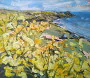 Jill Hudson painting of Rame Head with yellow flowers in the foreground 