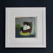 Framed abstract landscape painting by Cornish artist with white house, green tree and blue 