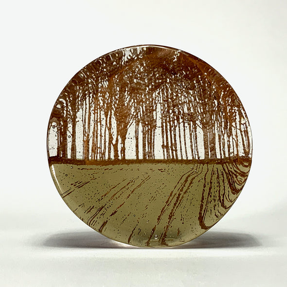 disc shaped cast glass sculpture by Helen Slater Stokes showing a green field infront of a line of trees