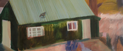 Heath Hearn painting of a long shed with green walls and a pale green roof that a hen is sitting upon