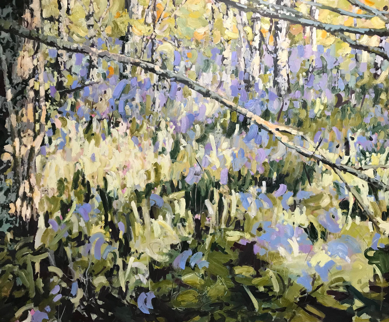 Oil painting by artist Jill Hudson of a woodland scene with bluebells and trees, with overhanging branches