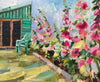 Jill Hudson oil painting of pink flowers in a garden border with a deck chair and the edge of a green shed 