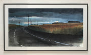 a framed dark painting of road, sea and sky by Cornish artist Steven Buckler.
