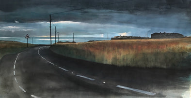 dark painting of road, sea and sky by Cornish artist Steven Buckler 